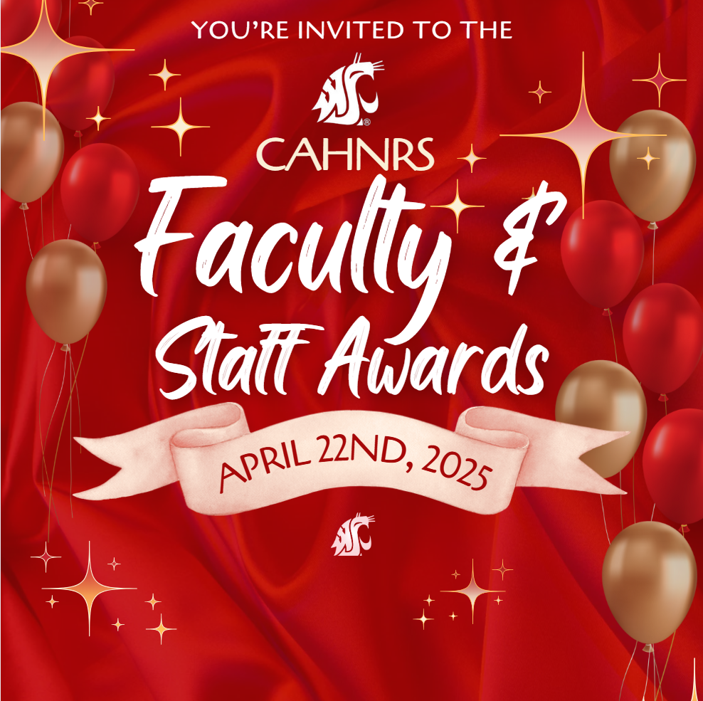 a red background and balloons with the text Faculty & Staff Awards - April 22nd, 2025.