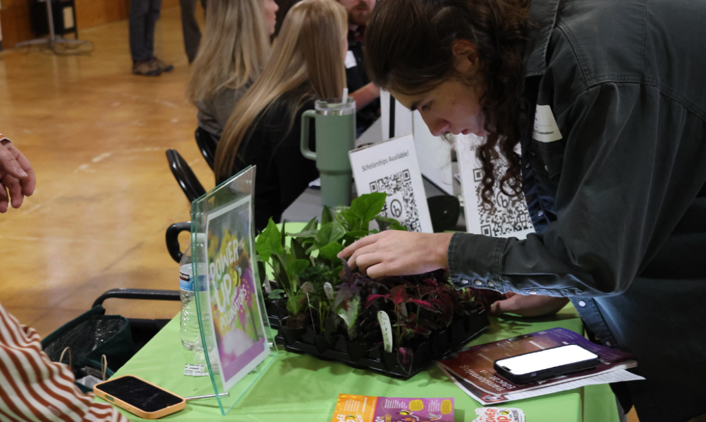 An attendee looks closely as a potted plant, studying the details about it at a booth for a research fair.