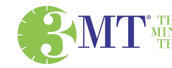 the Three Minute thesis logo, where the 3 is shaped like a clock.