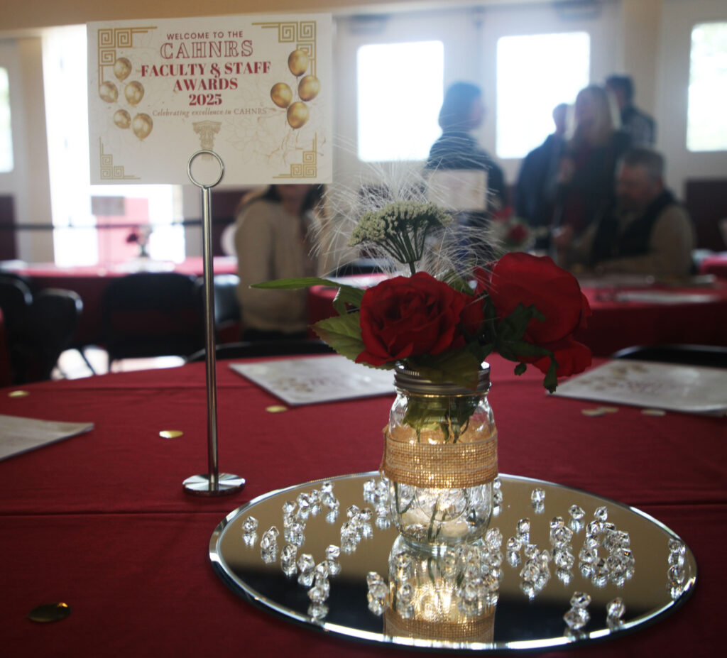 A sign for the Faculty and Staff Awards ceremony, a mirror with crystals, bouquet, and programs adorn a table at the awards ceremony, setting the scene.