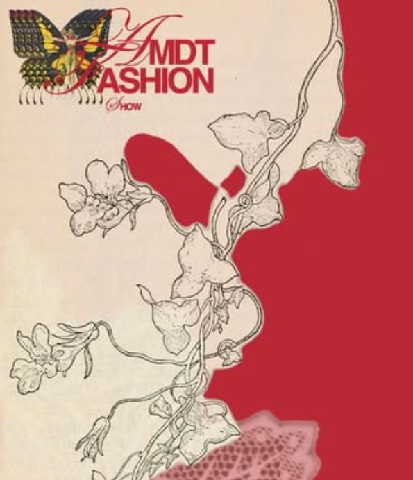 A butterfly logo that connects to the text AMDT Fashion show sits on a floral abstract background.