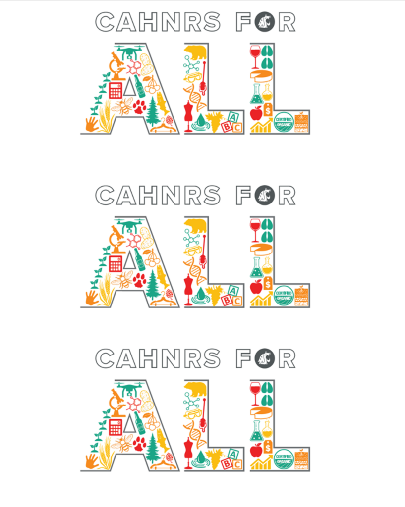 The CAHNRS For All logo repeating. It contains the words "CAHNRS For All" with vibrant shapes representing different parts of the college, namely plants, hands, crops, trees, fish, bees, cherries, bread, potatoes, dress forms, letter blocks, wine, hoof prints, cheese, organic logos, grapes, apples, science beakers, goggles, and bears. 