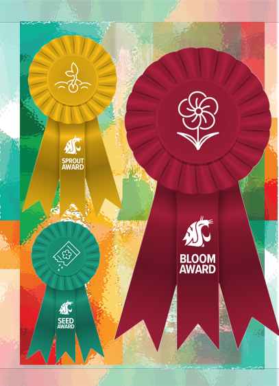 Three horse-ribbon-style ribbons stating the name of the award and a logo with a cougarhead. The three awards are "Bloom Award", "Sprout Award", and "Seed Award".