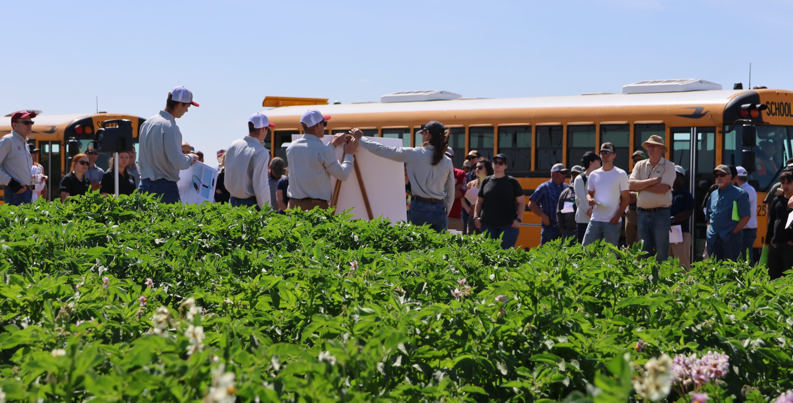 A bus of tour-goers are looking at a presentation board.
