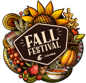 A coloring-book style logo for Fall Festival, featuring sunflowers, pumpkins, and wheat harvest references. The text reads "Fall Festival" and "CAHNRS" with a cougar logo.