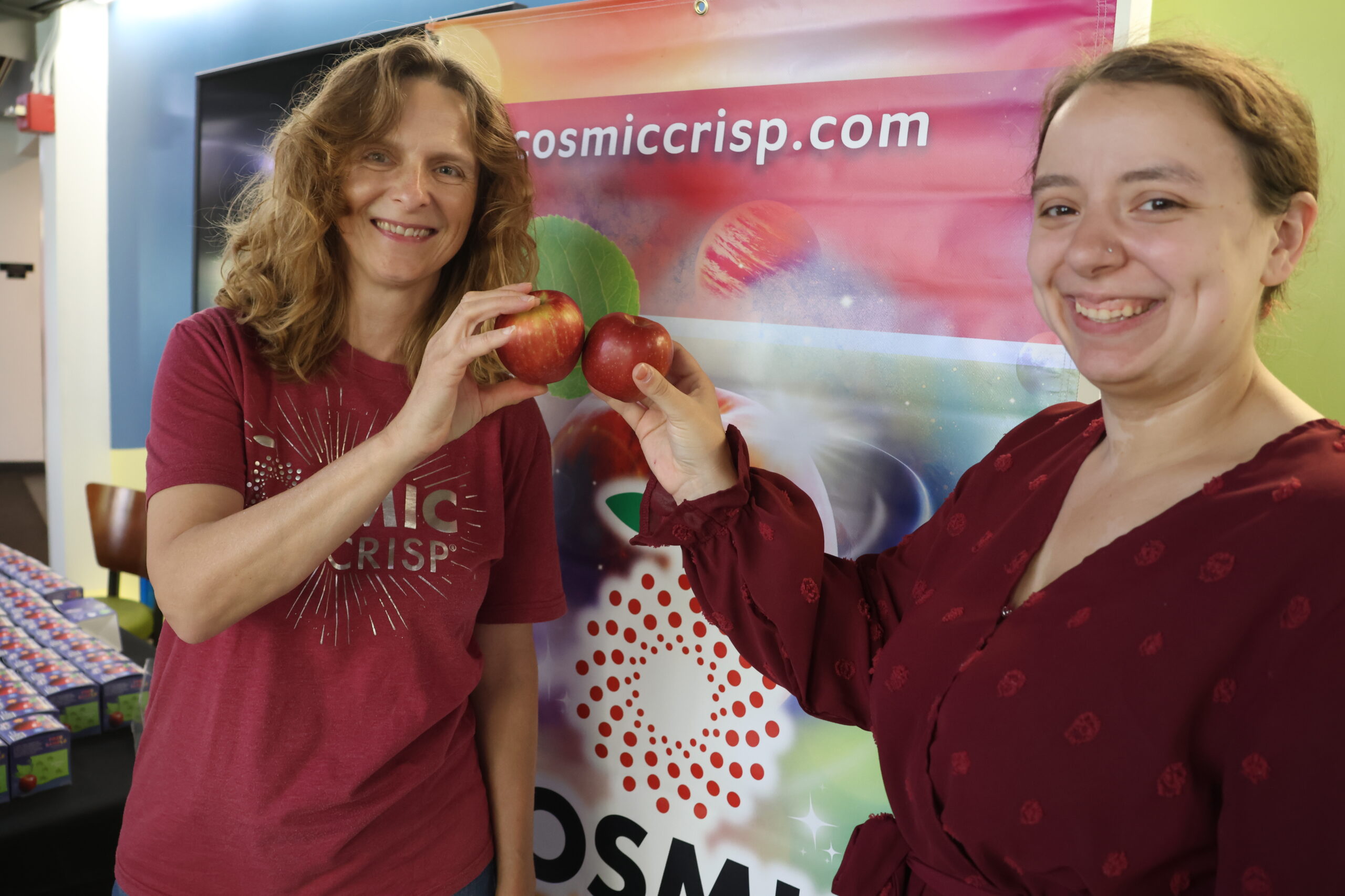 Ines Hanrahan holds does a 'cheers' with their apples with another volunteer .