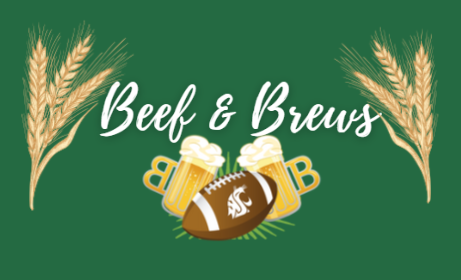 Beer mugs and a WSU football, wheat, and the words "Beef & Brews"
