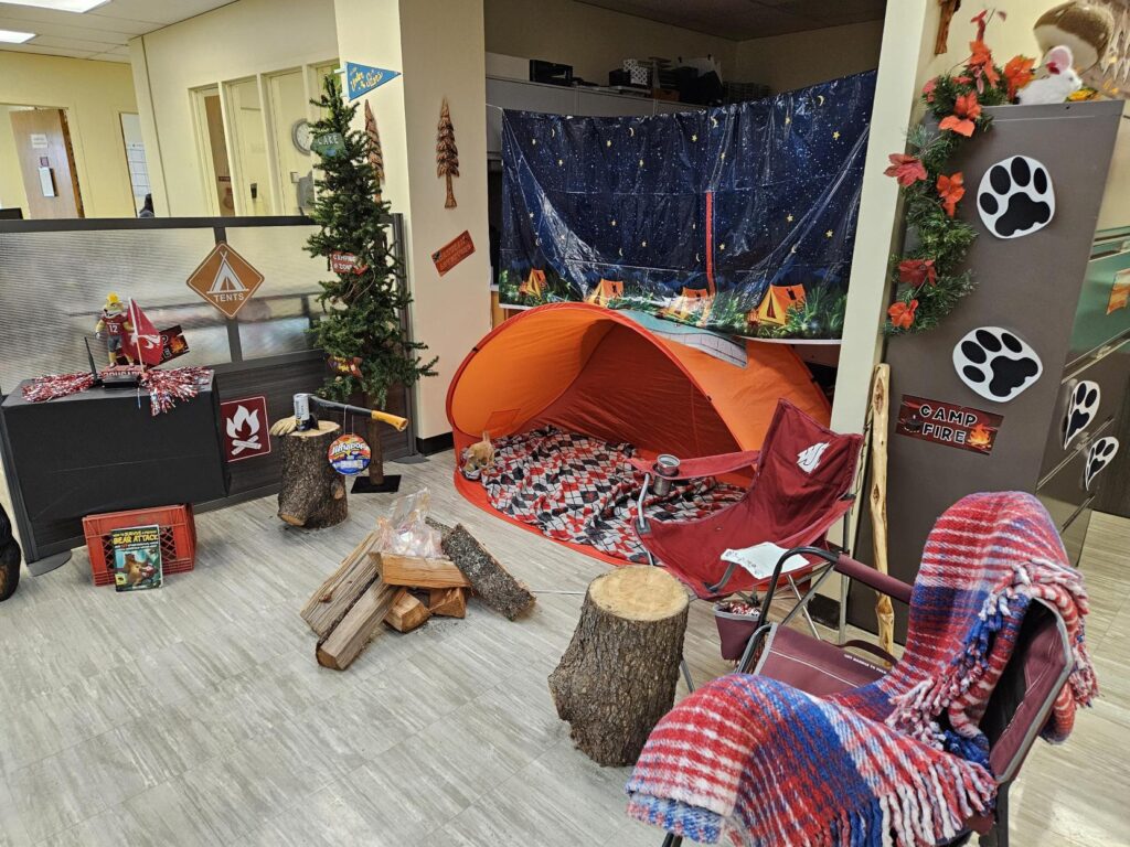 An elaborate camping scene in the Business Center