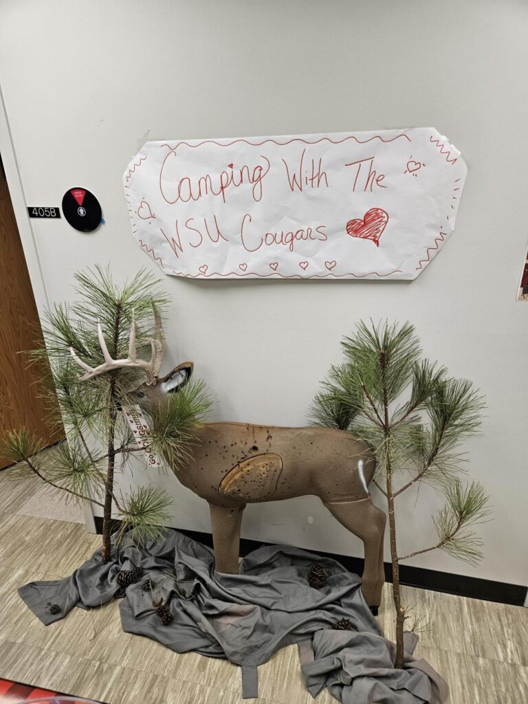 a sign that says "camping with the wsu cougars" and a life-size deer figurine are surrounded by real trees in the office of research