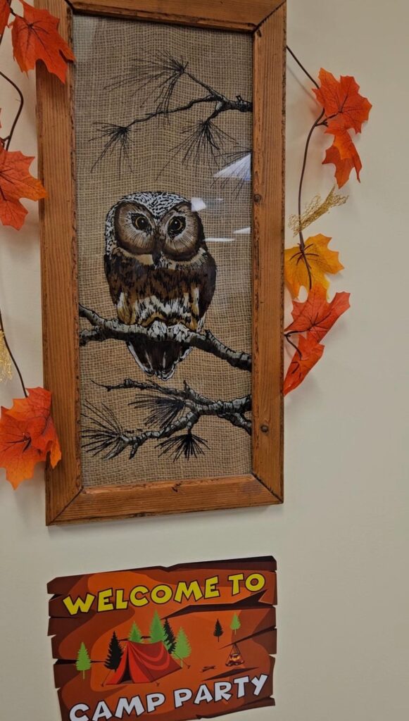 an Owl embroidery with fall leaves and a sign that says "welcome to Camp Party"