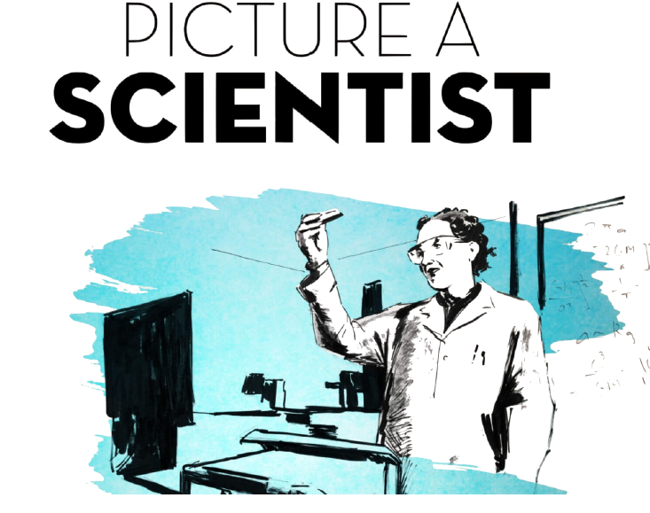 A cartoon of a female scientist holding up a sample in a lab. She is wearing goggles and a white lab coat