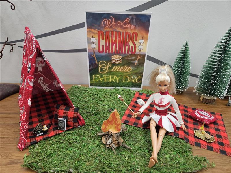 A WSU Barbie Cheerleader makes a miniature s'more with a tray of food, a Barbie-sized tent with Cougar print walls. The sign "We love CAHNRS s'more Every Day" is the background