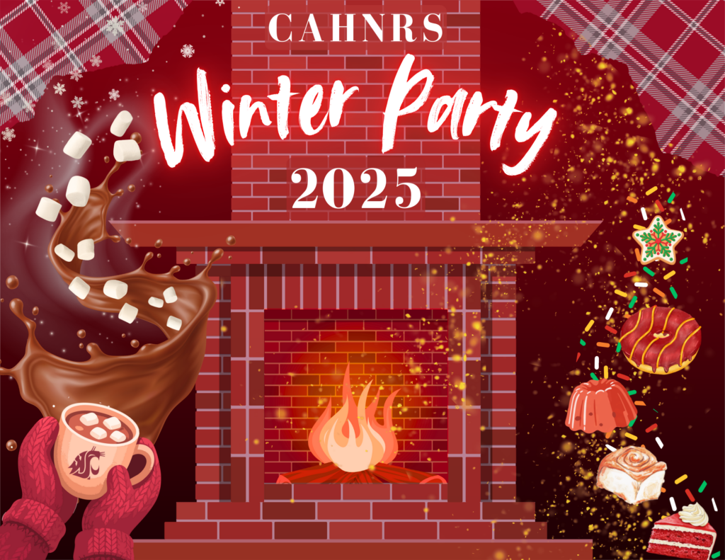 A fireplace, mug of hot cocoa, floating marshmallows, and holiday desserts surround a fireplace with the text "Winter Party 2025".
