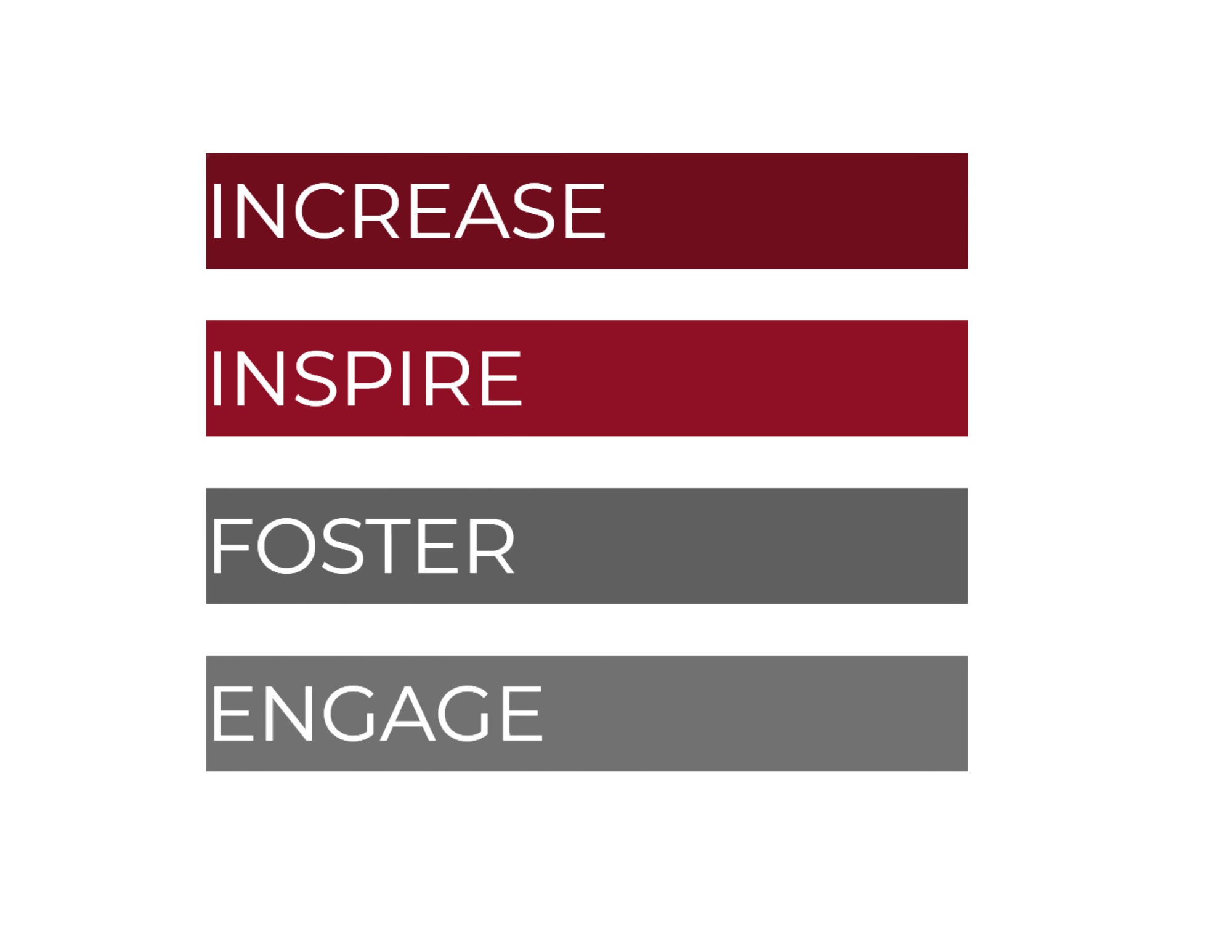 The text Increase, Inspire, Foster, Engage are stacking in descending order in varying shades of crimson and gray.