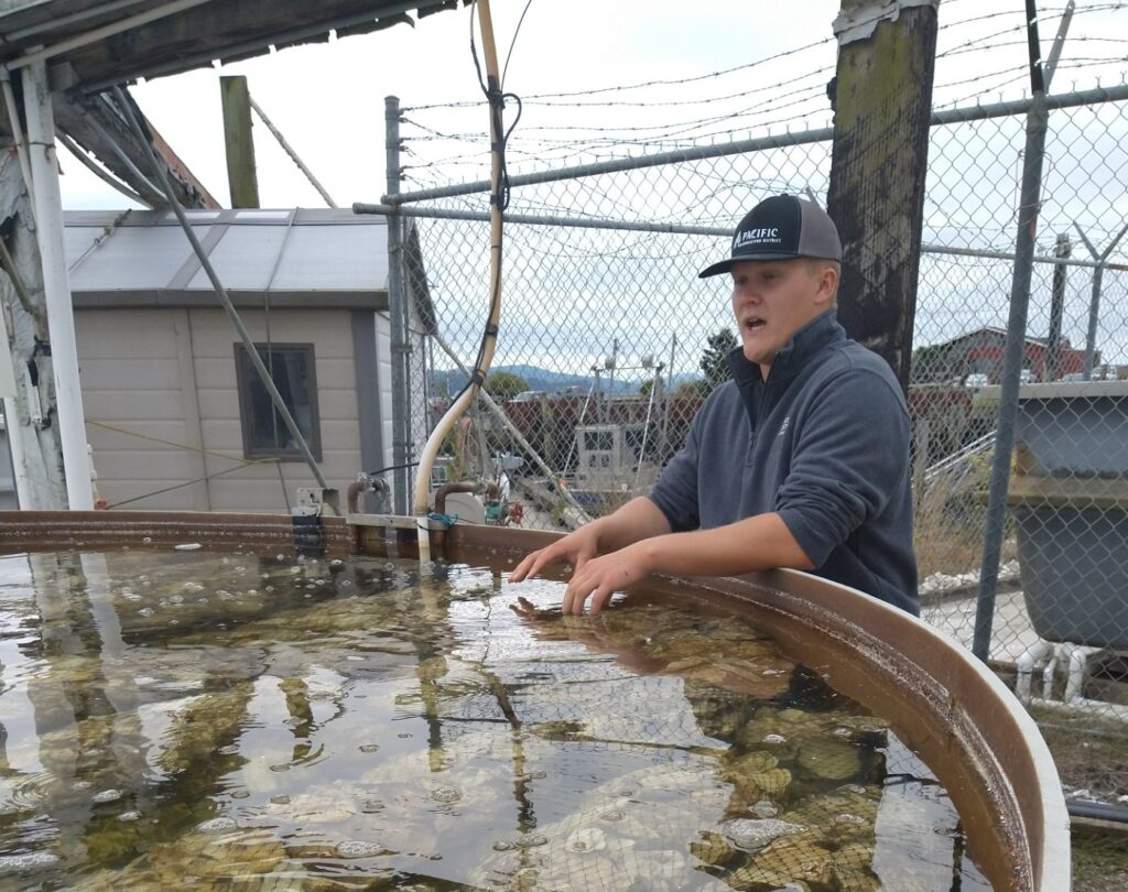 A student around a large trough of water filled with rocks, explaining impacts of natural ecosystem features