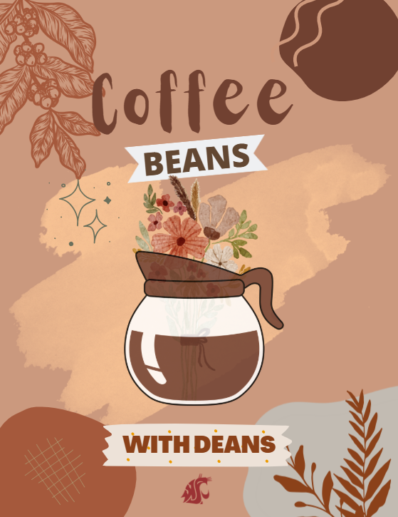 The text 'Coffee Beans with Deans' surrounds flowers peeking out of a coffee pot.