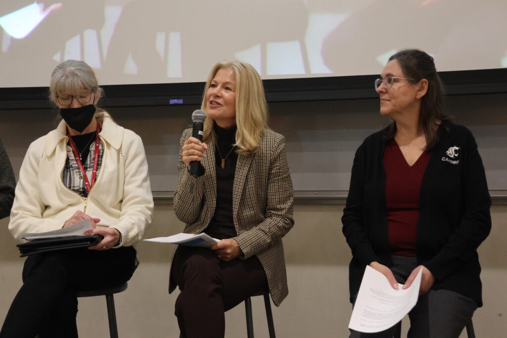 Nancy Deringer, Esther Kruse, and Vicki McCracken speak at the CAHNRS Town Hall .