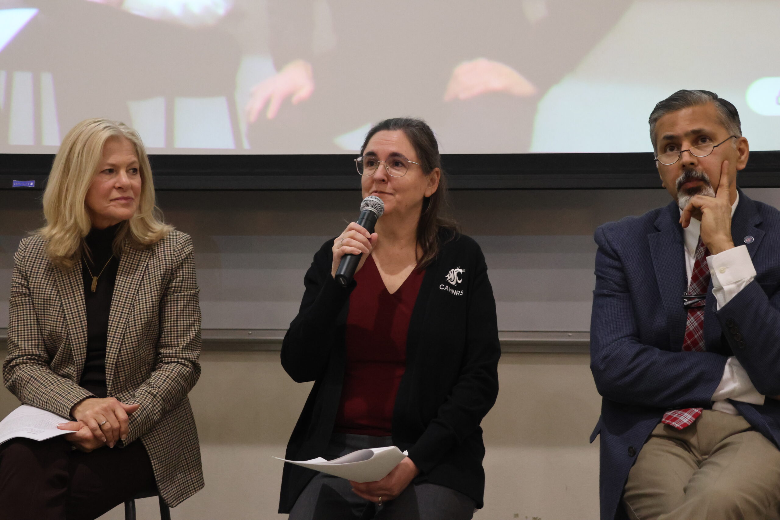 Esther Kruse, Director of Finance in CAHNRS, speaks at the CAHNRS Town Hall .