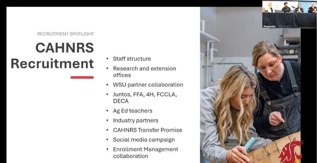 Recruitment spotlight title slide with Daniel Pastor and Miguel Inzunza presenting in the corner of the Zoom screen. Text says "CAHNRS Recruitment includes Staff structure, Research and extension offices, WSU partner collaboration, Juntos, FFA, 4H, FFCLA, DECA, Ag Ed Teachers, Industry Partners, CAHNRS Transfer Promise, Social media campaign, Enrollment Management collaboration."