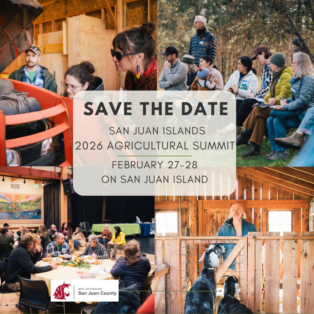 collage of experiences related to the agricultural summit in San Juan, with the text "Save the Date: San Juan Islands 2026 Agricultural Summit - February 27 - 28 on San Juan Island"