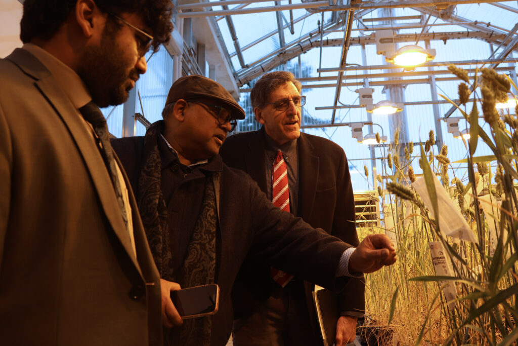 Scot Hulbert and the Indian Consulate representative look at greenhouse samples.