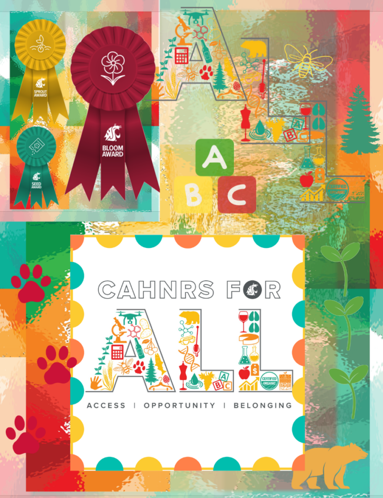Vibrant collage of CAHNRS For All logos and symbols of CAHNRS such as bears and sprouts.
