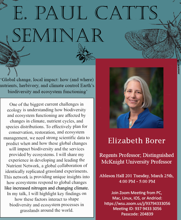 Picture of Dr. Elizabeth Borer with title of seminar listed