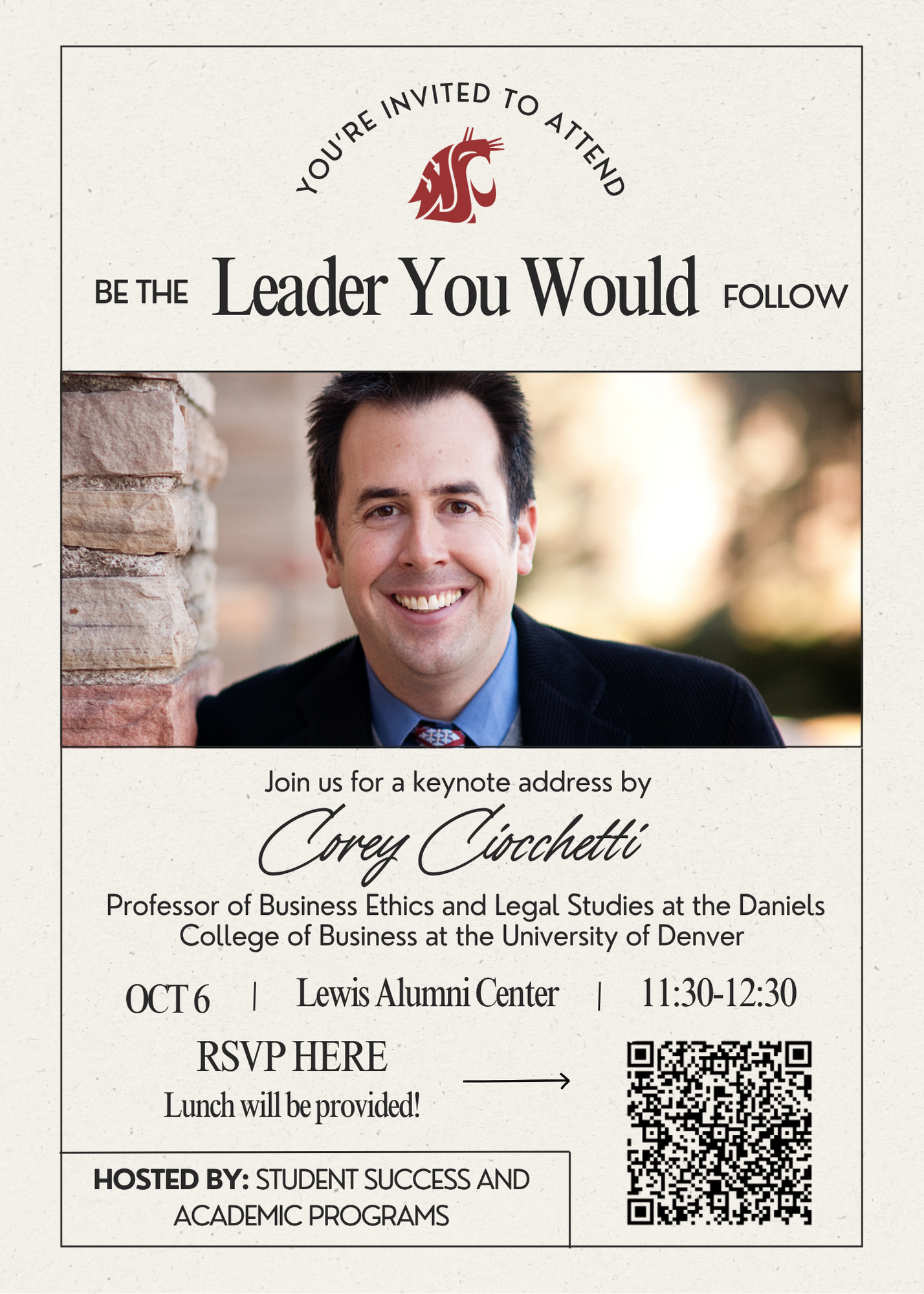 Speaker image with event details and registration code