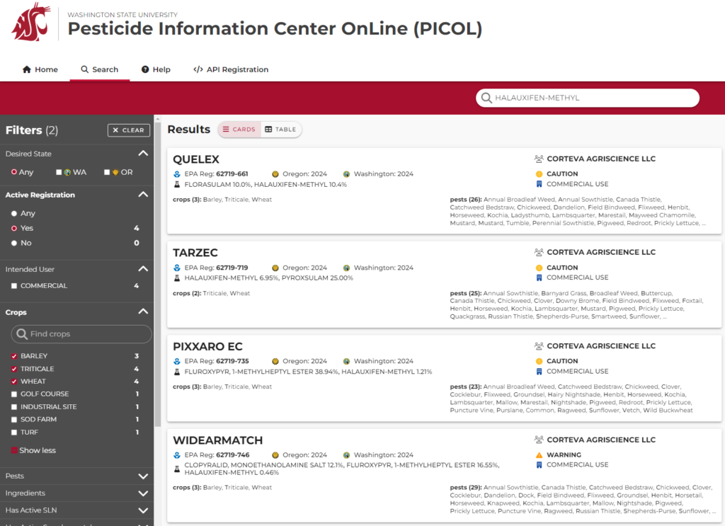 Screenshot of PICOL database search results.