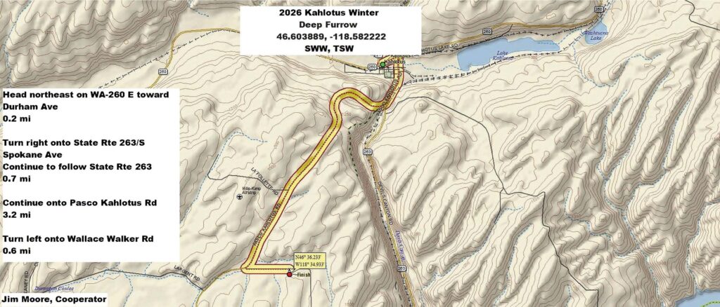 Map of directions to Kahlotus field site. From town of Kahltous, head northeast on !A-260 E toward Durham Ave, 0.2 miles. Turn right onto State Rte 263/S Spokane Ave. Continue to follow State Rte 263, 0.7 miles. Continue onto Pasco Kahlotus Rd, 3.2 miles. Turn left onto Wallace Walker Rd, 0.6 miles.