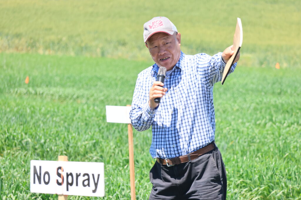 Dr. Xianming Chen speaking front a wheat field at the 2026 WSU Spillman Farm Field Day.