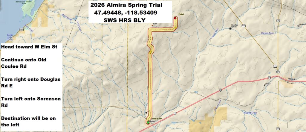 Map with driving directions to Almira spring trial site. Head toward W Elm St, 0.2 mi. Continue onto Old Coulee Rd 7.3 mi. Turn right onto Douglas Rd E, 2.0 mi. Turn left onto Sorenson Rd. The destination will be on the left, 0.9 mi. 39355 Sorensen Rd. Almira, WA 99103.