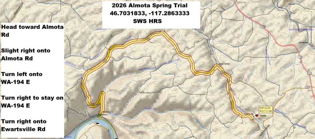 Map with driving directions to Almota spring trial site. Head toward Almota Rd, 62 ft. Slight right onto Almota Rd, 0.1 mi. Turn left onto WA-194 E, 6.3 mi. Turn right to stay on WA-194 E, .7 mi. Turn right onto Ewartsville Rd, 2.9 mi. 46.7031833, -117.2863333.