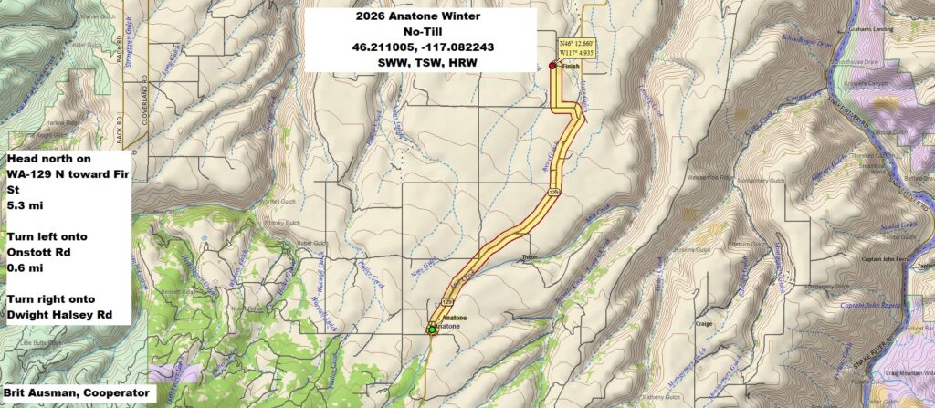 Map of directions to Anatone field site.  From Anatone, head north on WA-129 N toward Fir St, 5.3 miles. Turn left onto Onstott Rd, 0.6 miles. Then turn right onto Dwight Halsey Rd. 