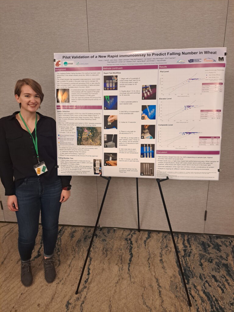 Master's student presenting FFAR project poster. 