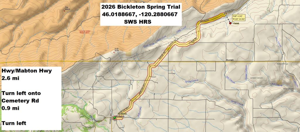 Map with driving directions to Bickleton spring trial site. Head toward Tayler St, 0.3 mi. Goldendale Bickleton Rd turns slightly left and becomes Bickleton Hwy/Mabton Hwy, 2.6 mi. Turn left onto Cemetery Rd, 0.9 mi. Turn left, 0.2 mi. 46.0188667, -120.2880667.