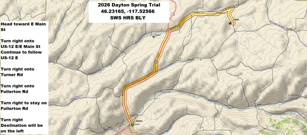 Map with driving directions to Dayton spring trial site. Head toward E Main St, 98 ft. Turn right onto US-12 E/E Main St. Continue to follow US-12 E, 5.0 mi. Turn right onto Turner Rd, 3.1 mi. Turn right onto Fullerton Rd, 141 ft. Turn right to stay on Fullerton Rd, 0.8 mi. Turn right. Destination will be on the left, 0.1 mi, at 142 Fullerton Rd, Dayton, WA 99328.