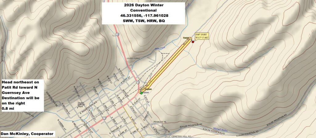 Map of directions to Dayton field site. From Dayton, head northeast on Patit Rd toward N Guernsey Ave. The destination will be on the right, 0.8 miles. 