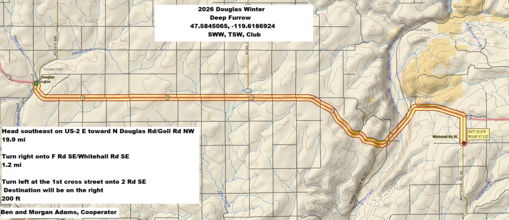 Map of directions of Douglas field site. Head southeast on US-2 toward N Douglas Rd/Goll Rd NW, 19.9 miles. Turn right onto F Rd SE/Whitehall Rd SE, 1.2 miles. Turn left at the first cross street onto 2 Rd SE. Destination will be on the right, 200 ft. 