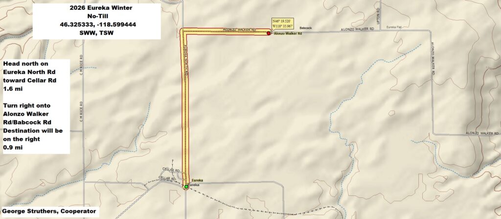 Map of directions to Eureka field site. From town of Eureka, head north on Eureka North Rd toward Cellar Rd, 1.6 miles. Turn right onto Alonzo Walker Rd/Babcock Rd. Destination will be on the right, 0.9 miles.