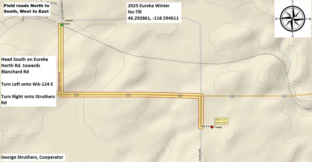 Contour map of winter wheat trials near Eureka. From Eureka, head south on Eureka North Rd toward Blanchard Rd, then turn left onto WA-124 E, then turn right onto Struthers Rd.