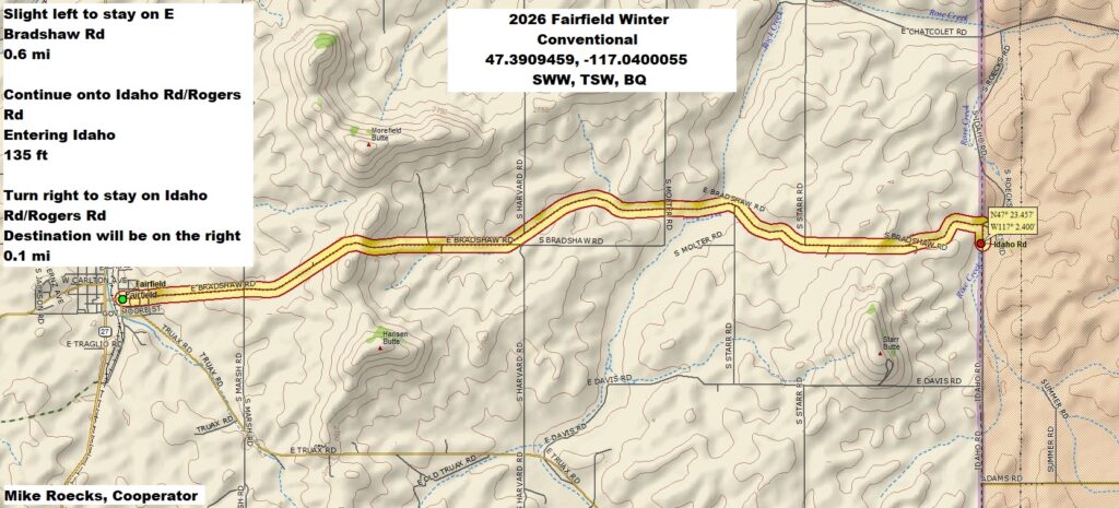 Map of directions to Fairfield field site. From Fairfield, take a slight left to stay on E Bradshaw Rd, 0.6 miles. Continue onto Idaho Rd/Rogers Rd entering Idaho, 135 ft. Turn right to stay on Idaho Rd/Rogers Rd. Destination will be on the right, 0.1 miles.
