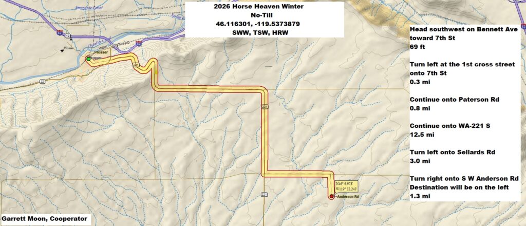 Map of directions to Horse Heaven field site. Head southwest on Bennett Ave toward 7th St, 69 ft. Turn left at the first cross street onto 7th St, 0.3 miles. Continue onto Paterson Rd, 0.8 miles. Continue onto WA-221 S, 12.5 miles. Turn left onto Sellards Rd, 3.0 miles. Turn right onto S W Anderson Rd. Destination will be on the left, 1.3 miles.
