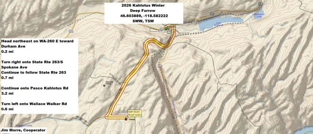 Map of directions to Kahlotus field site. From town of Kahltous, head northeast on !A-260 E toward Durham Ave, 0.2 miles. Turn right onto State Rte 263/S Spokane Ave. Continue to follow State Rte 263, 0.7 miles. Continue onto Pasco Kahlotus Rd, 3.2 miles. Turn left onto Wallace Walker Rd, 0.6 miles.