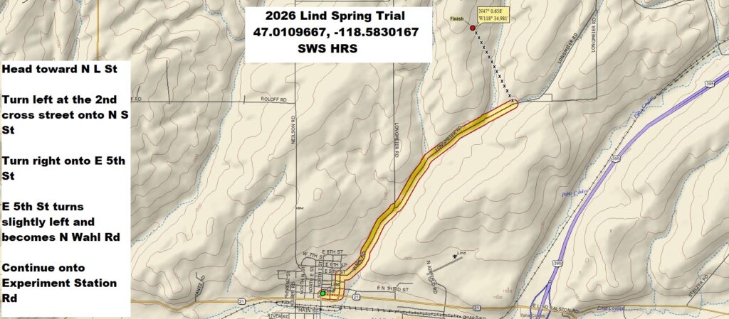 Map with driving directions to Lind spring trial site. Head toward N L St, 0.2 mi. Turn left at the 2nd cross street onto N S St, 0.2 mi. Turn right onto E 5th St, 331 ft. E 5th St turns slightly left and becomes N Wahl Rd, 256 ft. Continue onto Experiment Station Rd, 0.7 mi. Keep left to continue on N Wahl Rd, 1.9 mi, to 47.0109667, -118.5830167.