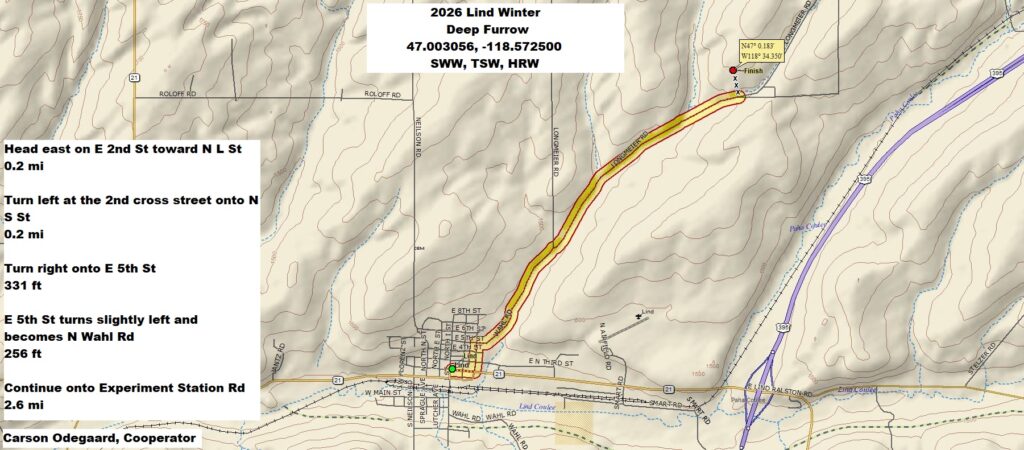 Map of directions to Lind field site. Head east on E 2nd St toward N L St, 0.2 miles. Turn left at the second cross street onto N S St, 0.2 miles. Turn right onto E 5th St, 331 ft. E 5th St turns slightly left and becomes N Wahl Rd, 256 ft. Continue onto Experiment Station Rd, 2.6 miles.