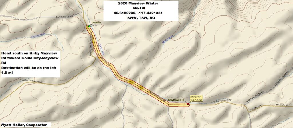 Map of directions to Mayview field site. From town of Mayview, head south on Kirby Mayview Rd toward Gould City-Mayview Rd. Destination will be on the left, 1.6 miles.