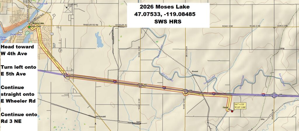 Map with driving directions to Moses Lake spring trial site. Head toward W 4th Ave, 0.1 mi. Turn left onto E 5th Ave, 0.3 mi. Continue straight onto E Wheeler Rd, 4.6 mi. Continue onto Rd 3 NE, 1.2 mi, to 15991-16931 Rd 3 NE, Moses Lake, WA 98837.