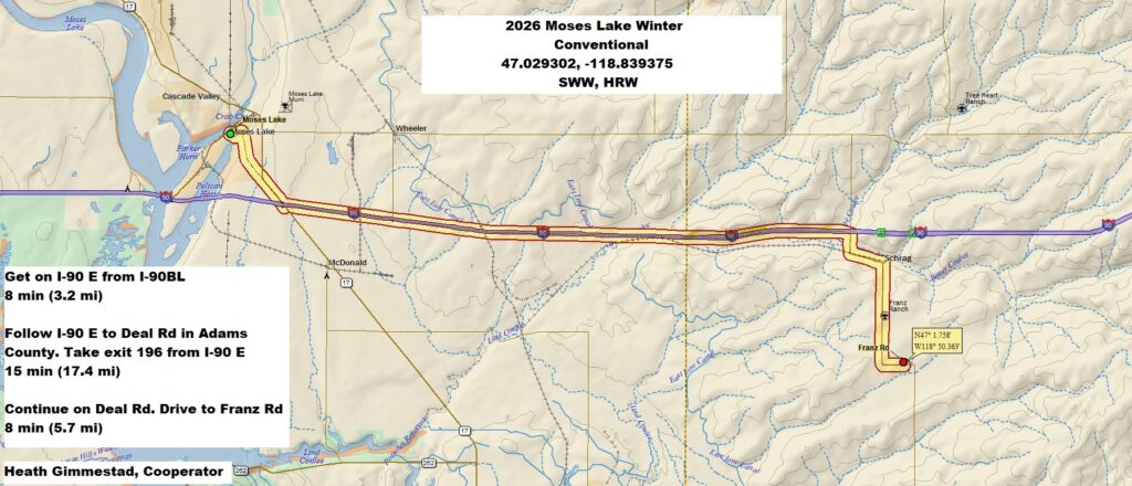 Map of directions to Moses Lake field site. From Moses Lake, get on I-90 E from I-90BL, 8 mins (3.2 miles). Follow I-90 to Deal Rd in Adams County. Take exit 196 from I-90 E, 15 mins (17.4 miles). Continue on Deal Rd. Drive to Franz Rd, 8 mins (5.7 miles).