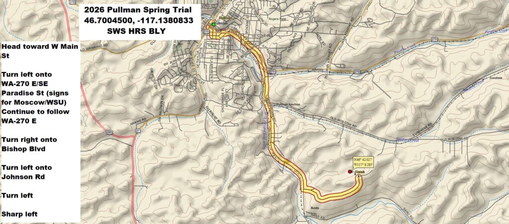 Map with driving directions to Pullman spring trial site. Head toward W Main St, 335 ft. Turn left onto WA-270 E/SE Paradise St (signs for Moscow/WSU). Continue to follow WA-270 E, 1.1 mi. Turn right onto Bishop Blvd, 0.3 mi. Turn left onto Johnson Rd, 1.7 mi. Turn left, 0.9 mi. Sharp left, 381 ft, to 46.7004500, -117.1380833.